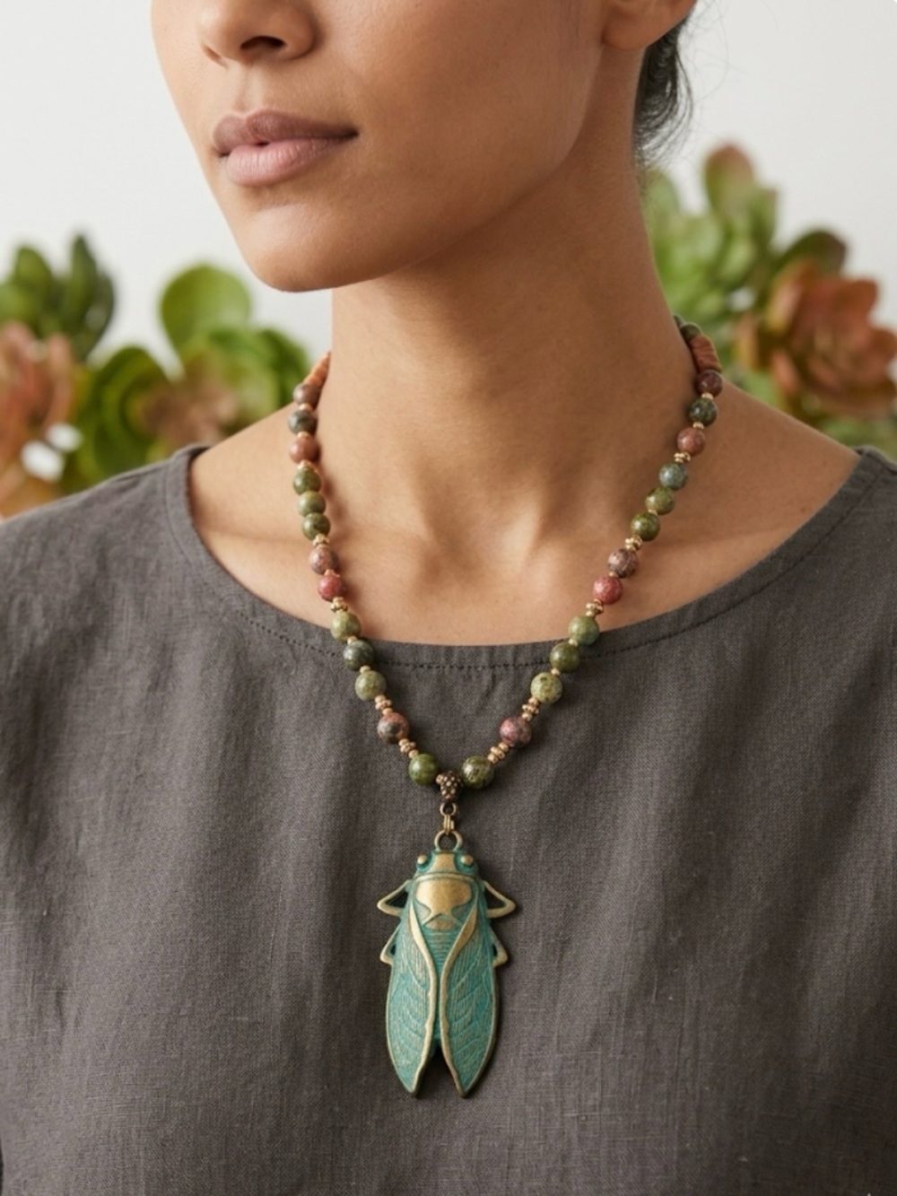 Artisan Verdigris Cicada Pendant Necklace Terra Cubes & Leopard Skin Jasper 20” - Picture 8 of 8